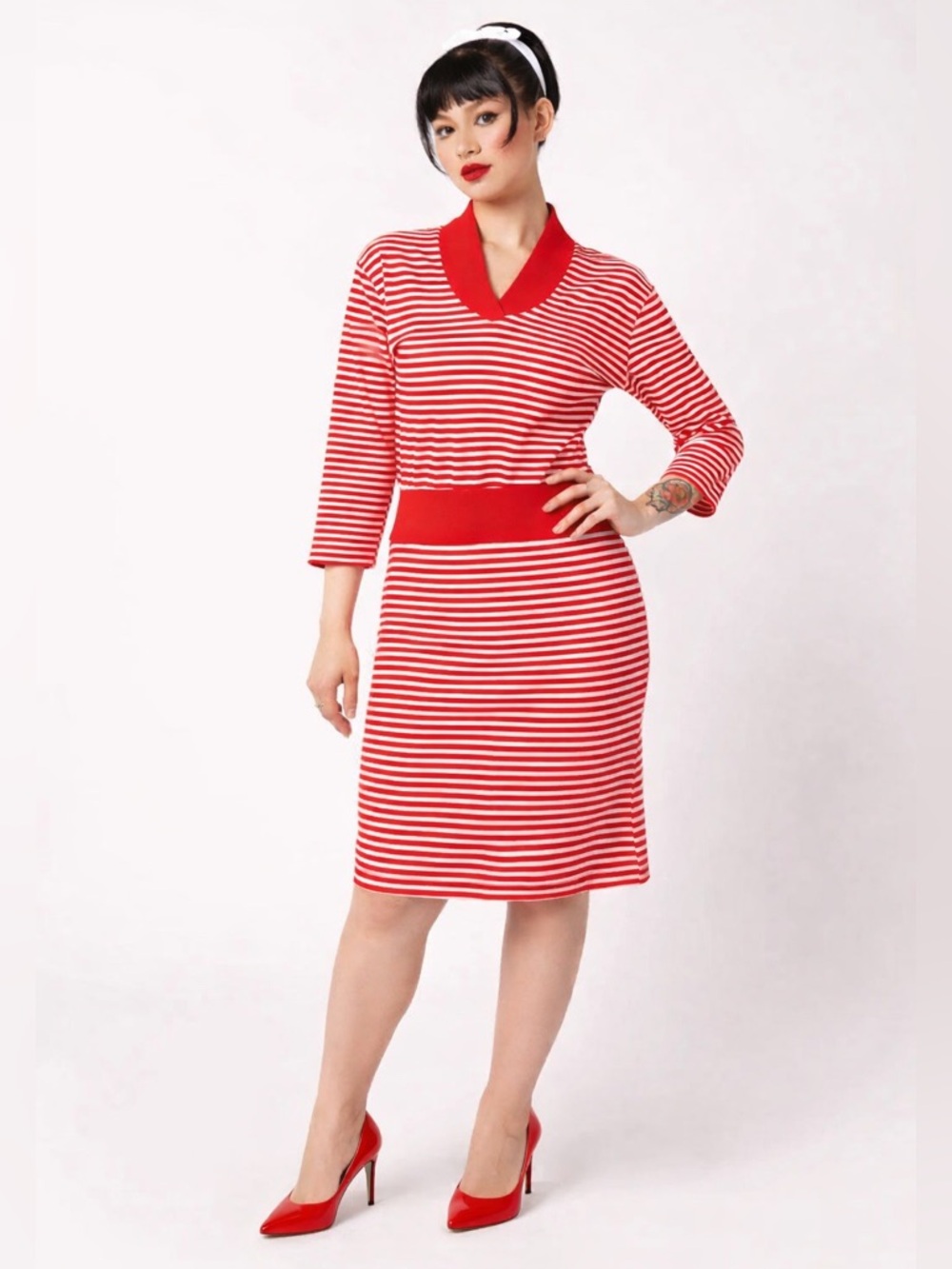 ALICE’S PIG Jenny’s Jersey Striped V-Neck Knit Skirt Set Dress Red White US 2/S